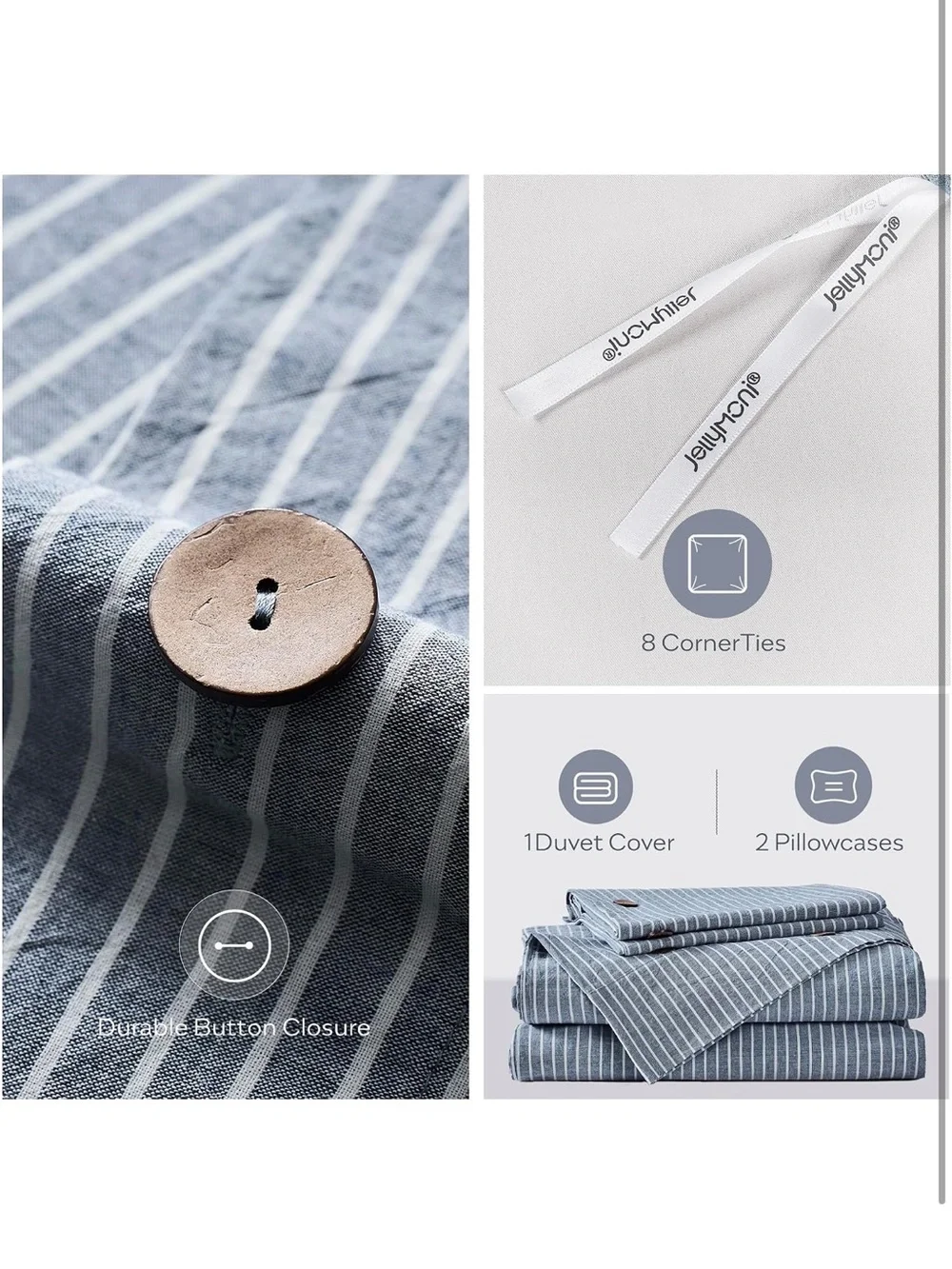 NEW JELLYMONI 100% Washed Cotton Duvet Cover Set - Blue Vertical Pinstripe KING